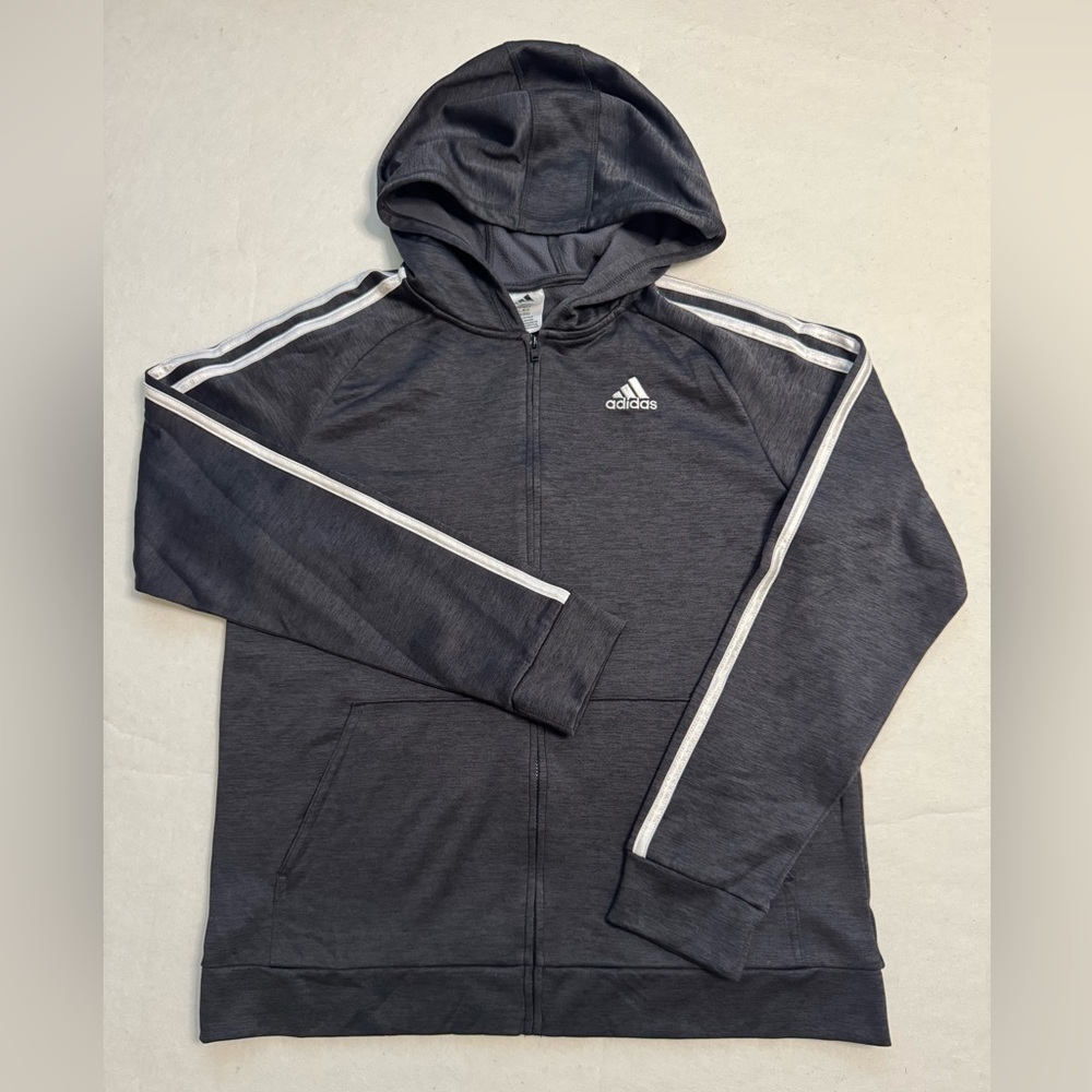 Adidas Boys Melange Charcoal Gray Fleece Full Zip Hoodie with White Stripes - Picture 2 of 8